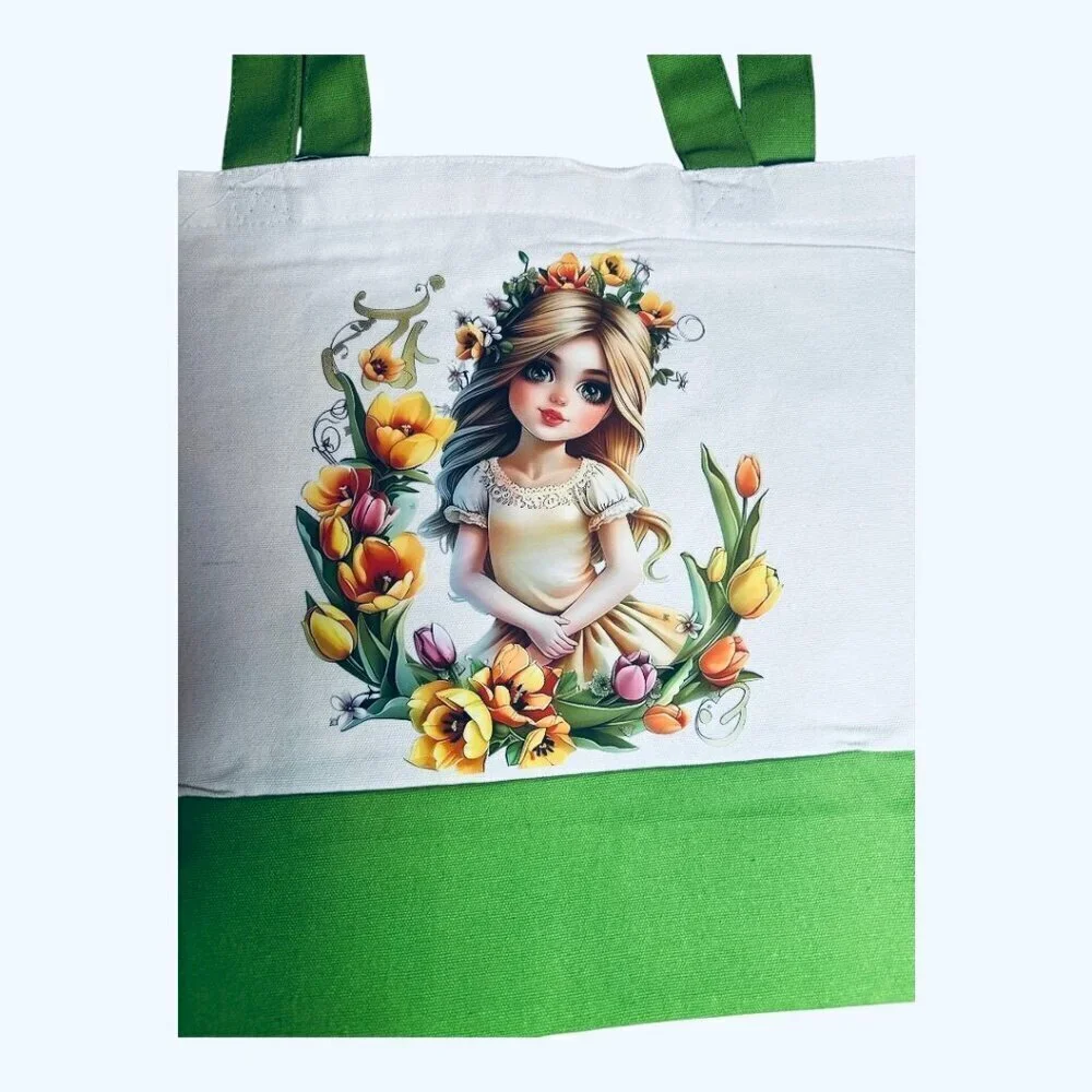 Large Canvas Tote Bag with Floral Girl Art | Hand Pressed | 17”x14” | New